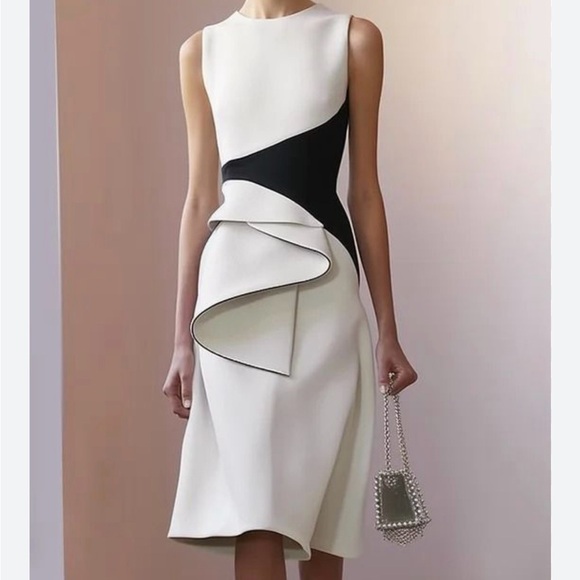Fehaute White and Black Asymmetrical Sheath Cocktail Dress - Picture 1 of 2
